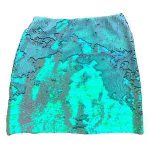 ZARA Brushed Sequinned Green Blue Short Statement Skirt Size women’s Small